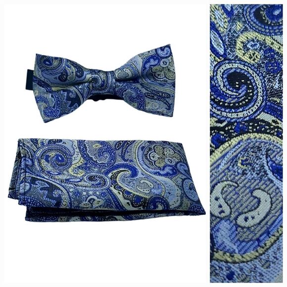New Bow Tie Pocket Square 2pc Set Navy Gray Paisley Wedding Formal Prom Tuxedo - Picture 1 of 8